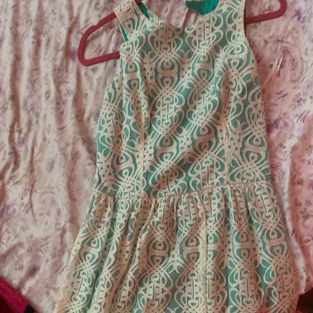 Mint floral lace dress.